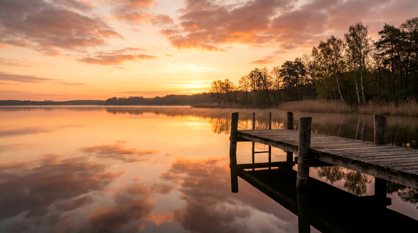 Ruhiger Berliner See im goldenen Abendlicht mit hölzernem Steg — Wannsee-Stimmung
