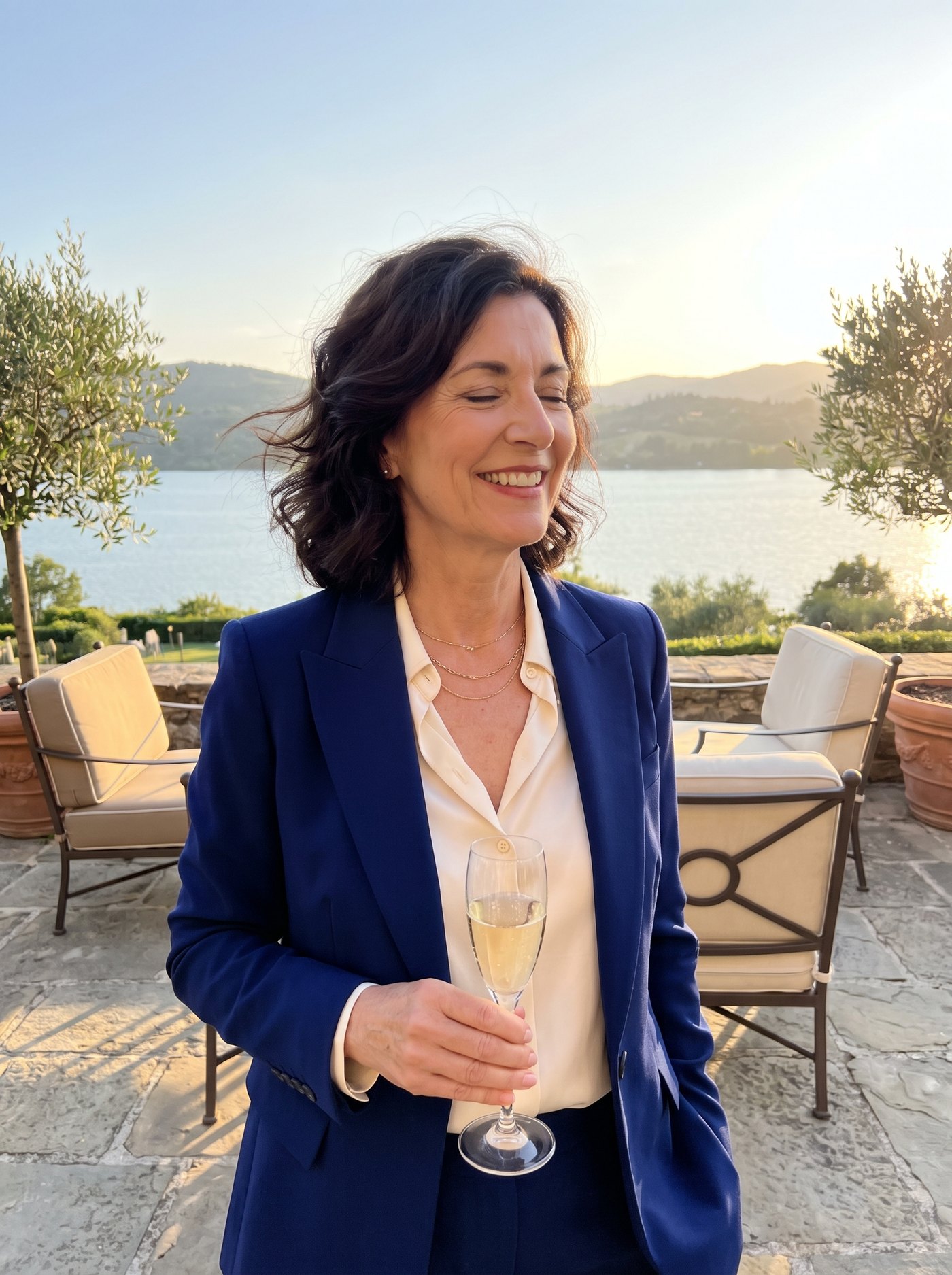 Elegante Dame mit einem Glas Champagner auf einer Terrasse am See im Abendlicht